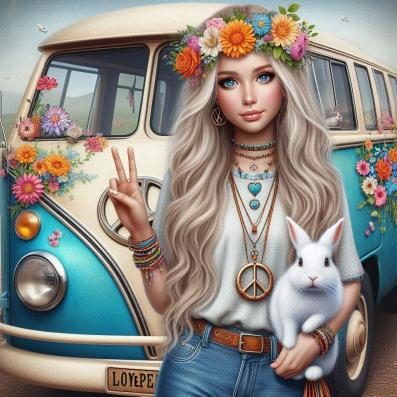 Hippie Girl and White Rabbit Image