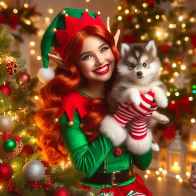 Red Hair Elf Girl and Wolf Cub. Very cute!